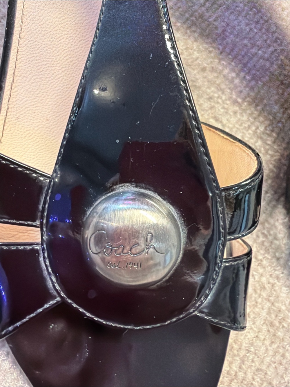 Coach Black Patent Leather T-Strap Sandals with Silver Medallion Accent - Picture 2 of 5